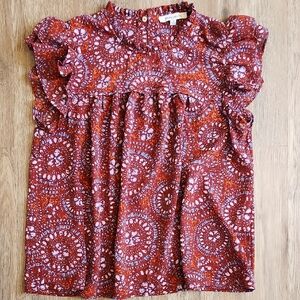 Rose & Olive Rust Floral Ruffle Yoke Blouse